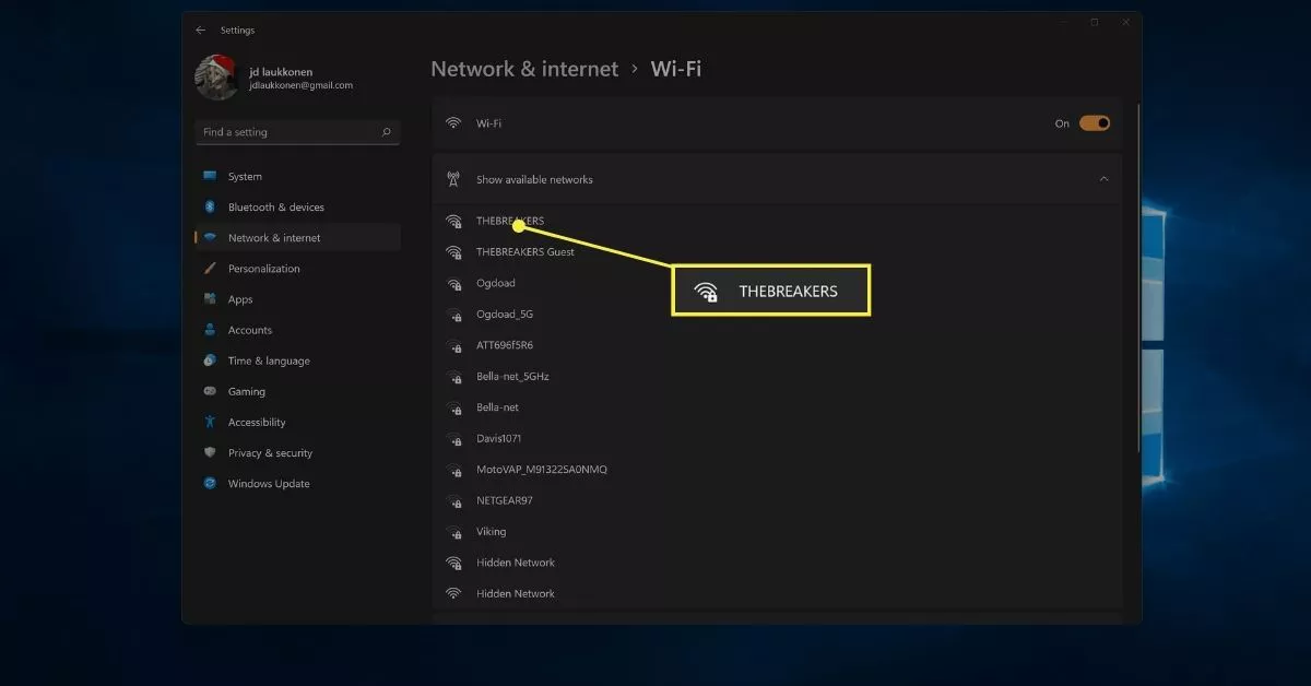 Windows 11 可用网络中的 Wi-Fi 网络。